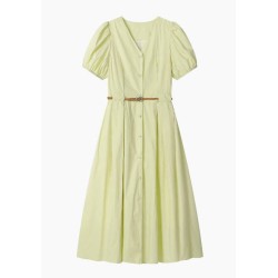 French V-Neck Bubble Sleeve Waist Cinching Midi Dress