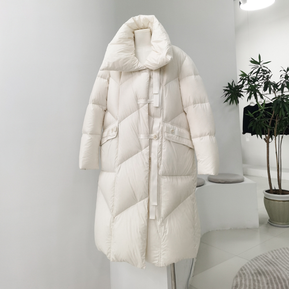 Womens long knee-length down jacket white duck down